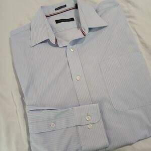 Tommy Hilfiger LS blue and white stripe button-up shirt 100% cotton 16 32/33